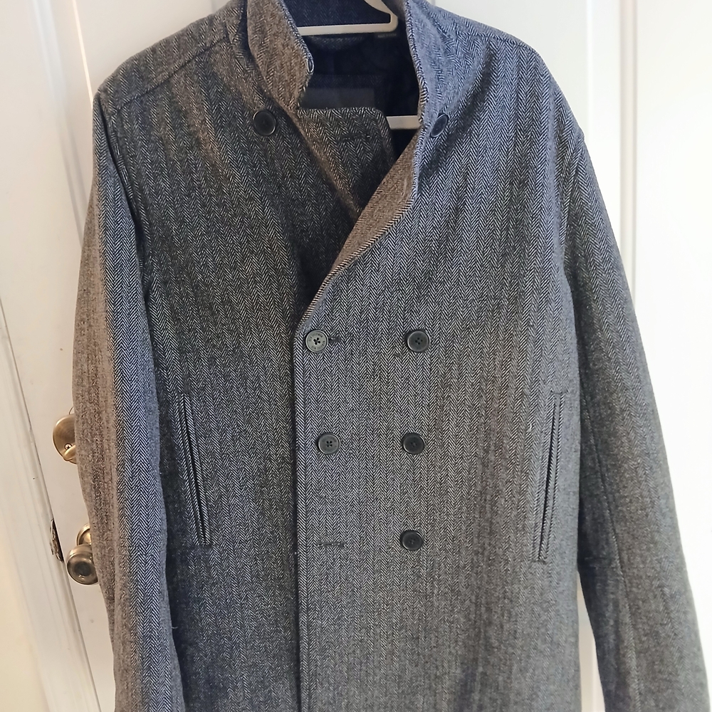 Ben Sherman Gray Herringbone Double-Breasted Pea Coat Style Overcoat